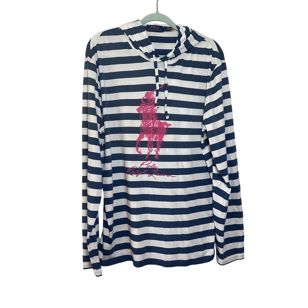 Polo Ralph Lauren Mens Large Navy White Striped Big Pony Red Logo Hoodie Tee